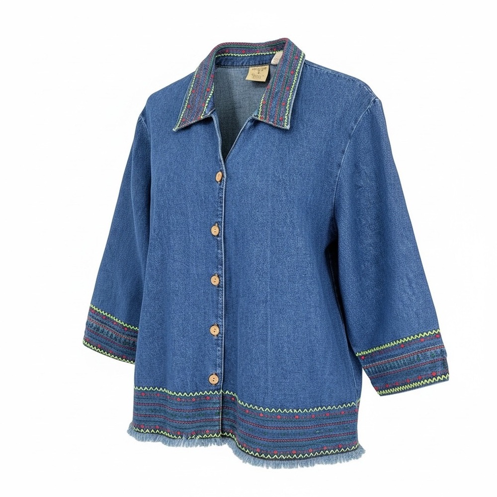 Mountain Lake Casuals Womens PXL Blue Denim Shirt Embroidered Boho Western